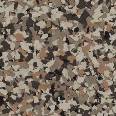 Speckled floor coating in shades of tan, brown, and gray.