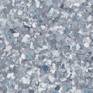 Gray, blue, and white decorative epoxy floor flakes.