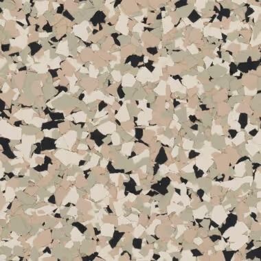 Speckled flooring with beige, tan, gray, and black chips.