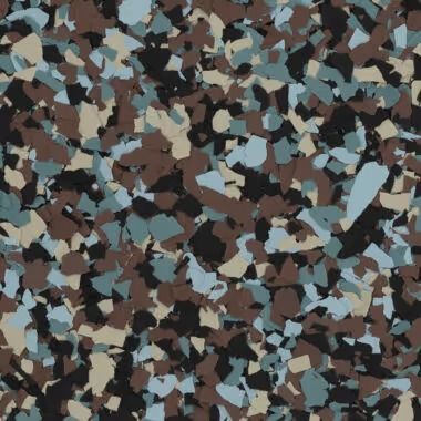 Multi-colored speckled flooring; brown, black, beige and blue chips.