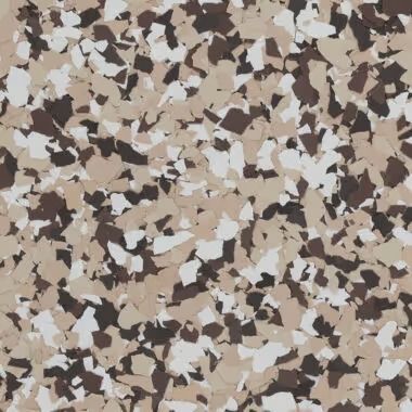 Speckled floor covering with brown, beige, and white flakes.