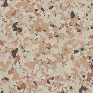 Speckled flooring with beige, brown, and reddish-orange chips.