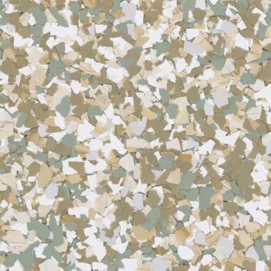 Terrazzo-style flooring with irregular shapes in white, beige, and muted green.