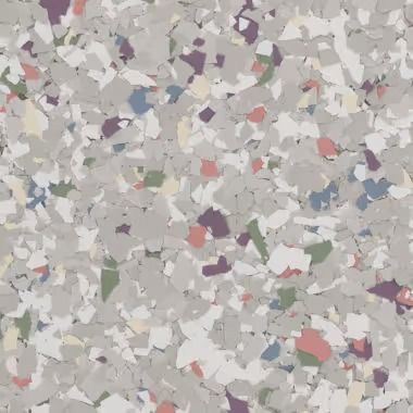 Gray, confetti-like flooring with specks of purple, blue, green, and pink.