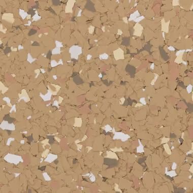Close-up of a speckled floor coating in tan, brown, off-white, and pale yellow chips.