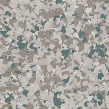 Gray, blue, and white speckled floor coating.