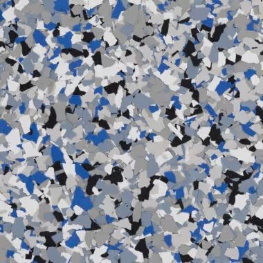 Blue, black, and gray speckled floor coating.