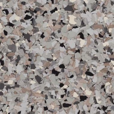 Gray and neutral-toned speckled floor. Mixture of gray, black, beige, and white chips.