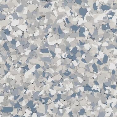 Blue, gray, and white speckled floor covering.