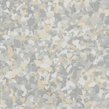Abstract flooring pattern with gray, beige, and white chips.