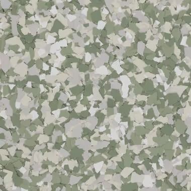 Speckled epoxy flooring: shades of green, gray, and white in a random chip pattern.