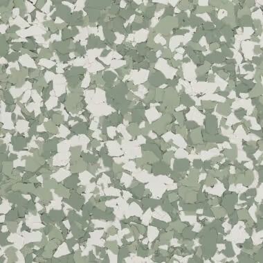 Green and white speckled floor covering.