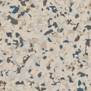 Terrazzo-style flooring with flecks of beige, blue, and gray.