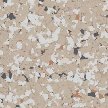 Tan, white, orange, and gray speckled floor coating.