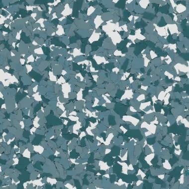 Blue, teal, and white chip-style flooring.