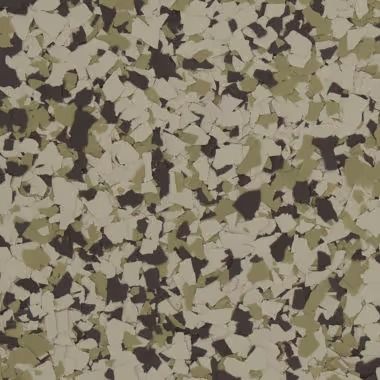 Speckled flooring pattern with beige, olive, and dark brown chips.