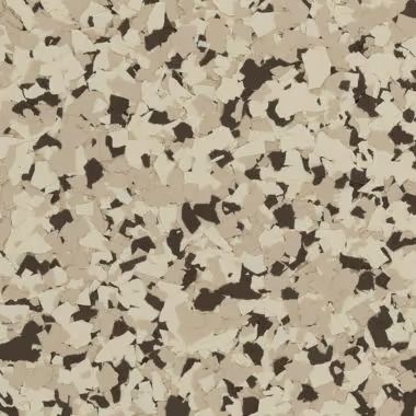 Speckled floor covering with tan, beige, and dark brown chips.