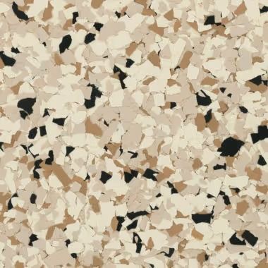 Tan, brown, and black speckled epoxy floor coating.