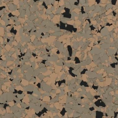 Terrazzo-style flooring with brown, gray, and black chips.