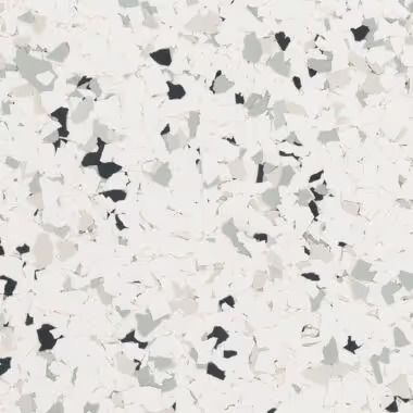 White and gray speckled flooring with black accents.