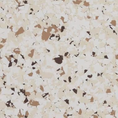 Terrazzo-style flooring with off-white, brown, and black chips embedded in a light base.