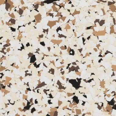 Tan and brown speckled flooring with black and off-white chips.