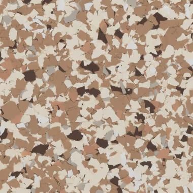 Floor with a speckled pattern of brown, tan, and cream-colored chips.