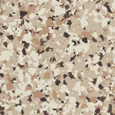 Multi-colored speckled flooring pattern with beige, brown, and black chips.
