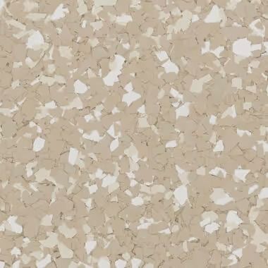 Tan and off-white epoxy floor coating with speckled, chip-like texture.