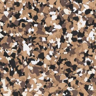 Brown, beige, black, and white speckled floor coating.