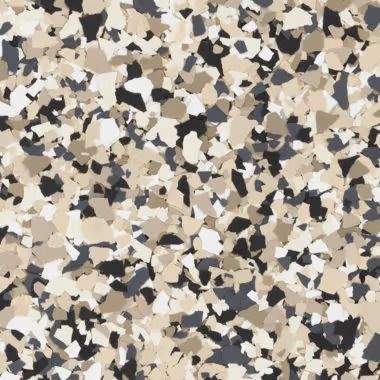 Multi-colored chip flooring with beige, gray, black, and white speckles.