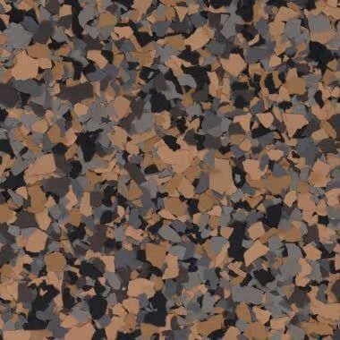 Speckled floor covering with brown, gray, and black chips.
