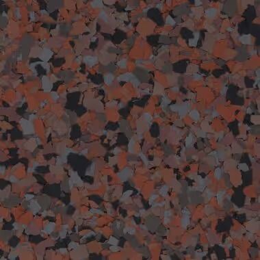 Multi-colored, speckled flooring with orange, gray, and black flecks.