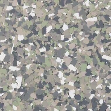 Floor coating with speckled gray, white, and green chips.