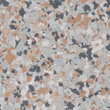 Floor with speckled pattern: gray, peach, and dark blue chips.