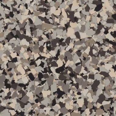 Textured epoxy floor coating in shades of gray, beige, and black.