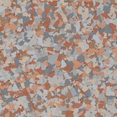 Speckled floor covering with orange, gray, and cream-colored chips.