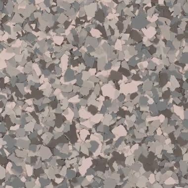 Gray and white speckled floor coating.