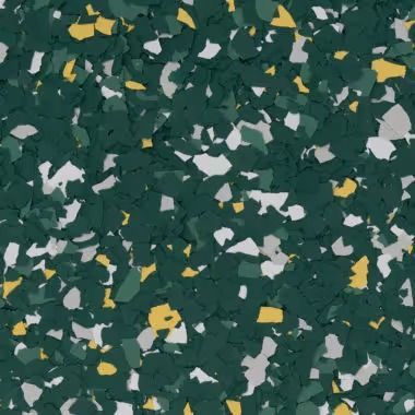 Green, gray, and yellow speckled flooring pattern.