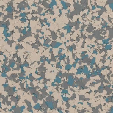 Floor with speckled, multicolored chips of teal, gray, and tan.