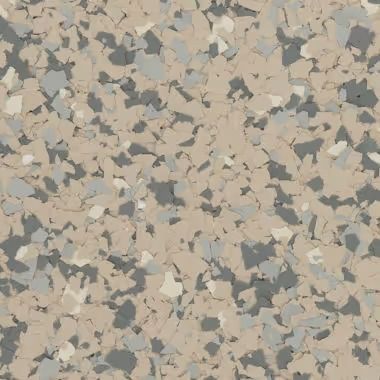 Tan, gray, and white speckled epoxy floor coating.