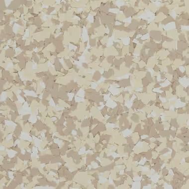 Tan and off-white epoxy floor with a speckled, flake-like pattern.