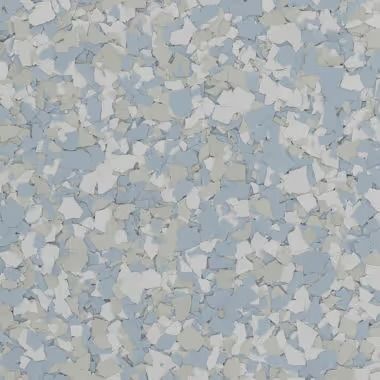 Blue, gray, and white speckled epoxy flooring.