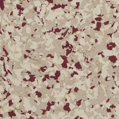 Maroon, tan, and cream-colored speckled floor covering.