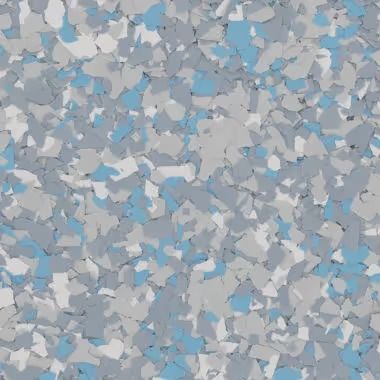 Blue, gray, and white speckled flooring, resembling chips of stone.