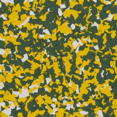 Green, yellow, and white speckled flooring, resembling chips of color.
