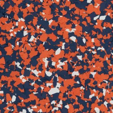 Orange, navy, and white speckled floor covering.