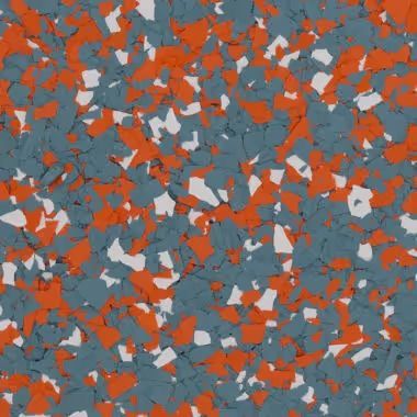 Floor with a speckled pattern of orange, gray-blue, and white chips.