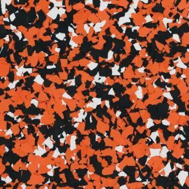 Orange, black, and white speckled flooring.