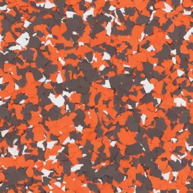 Orange, gray, and white speckled flooring.